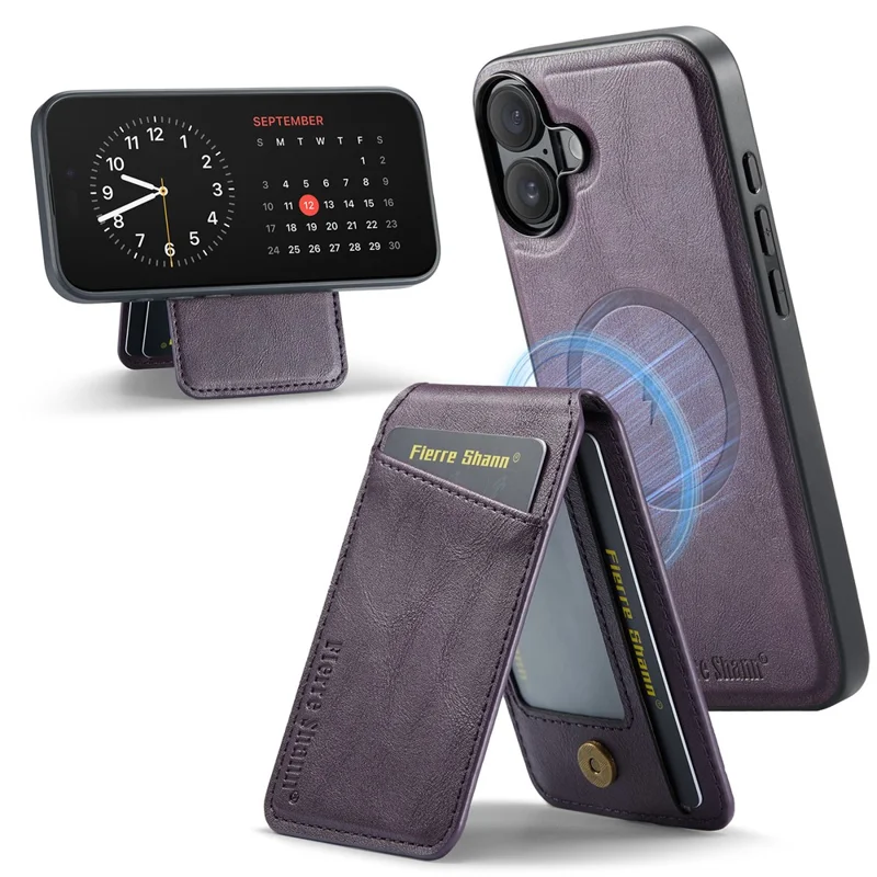 FIERRE SHANN 025 Style For iPhone 17 Case Leather + TPU Detachable Card Slots Phone Cover - Purple