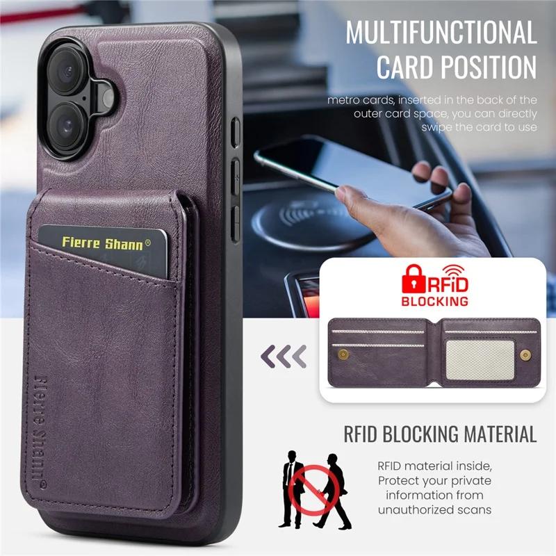 FIERRE SHANN 025 Style For iPhone 17 Case Leather + TPU Detachable Card Slots Phone Cover - Purple