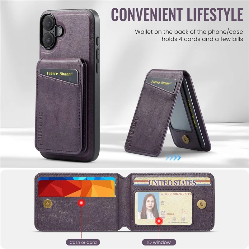 FIERRE SHANN 025 Style For iPhone 17 Case Leather + TPU Detachable Card Slots Phone Cover - Purple