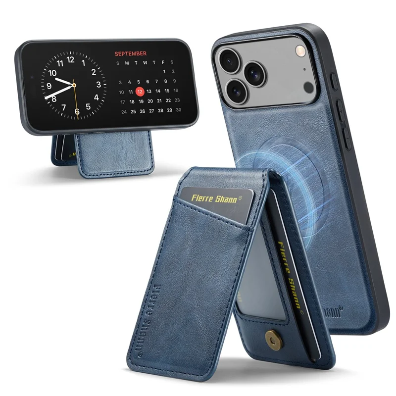 FIERRE SHANN 025 Style For iPhone 17 Pro Case Leather + TPU Detachable Card Slots Phone Cover - Blue