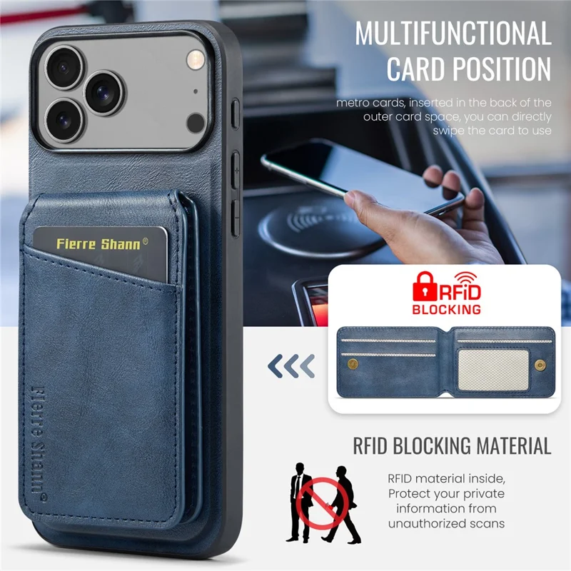 FIERRE SHANN 025 Style For iPhone 17 Pro Case Leather + TPU Detachable Card Slots Phone Cover - Blue