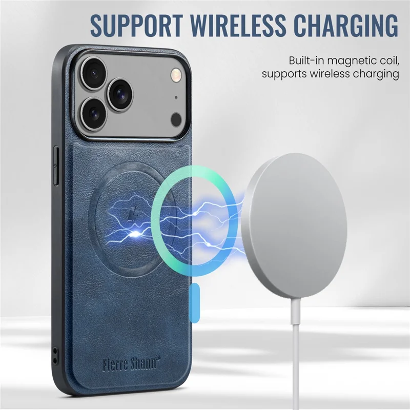 FIERRE SHANN 025 Style For iPhone 17 Pro Case Leather + TPU Detachable Card Slots Phone Cover - Blue