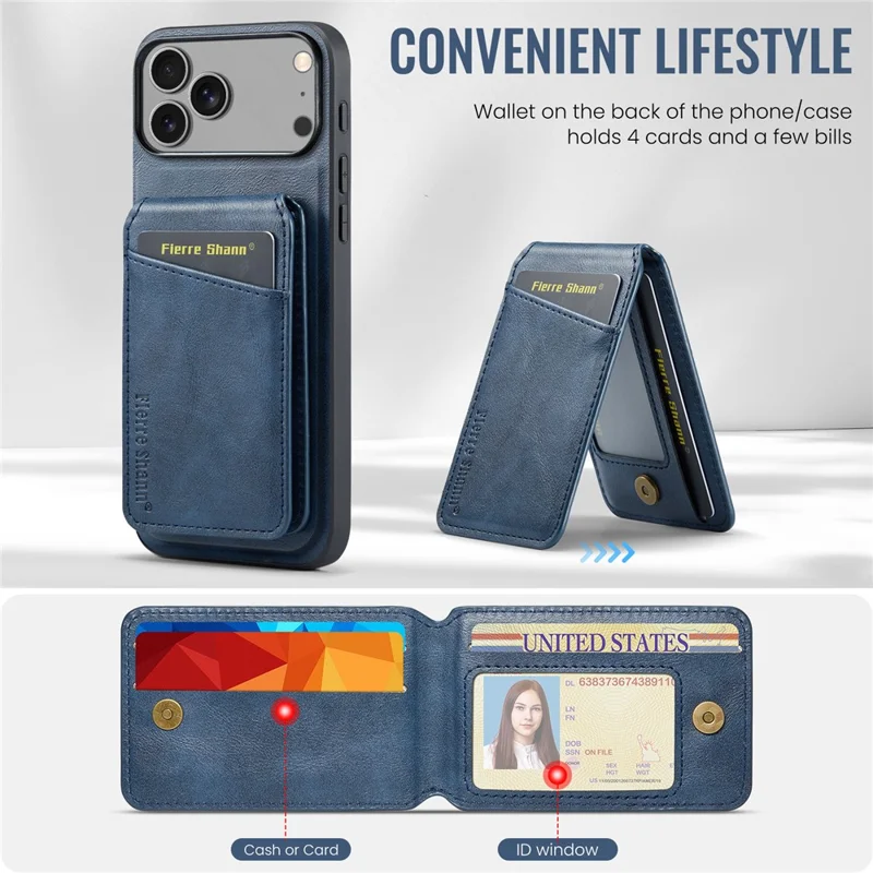 FIERRE SHANN 025 Style For iPhone 17 Pro Case Leather + TPU Detachable Card Slots Phone Cover - Blue