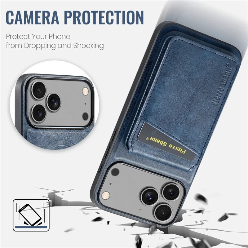 FIERRE SHANN 025 Style For iPhone 17 Pro Case Leather + TPU Detachable Card Slots Phone Cover - Blue