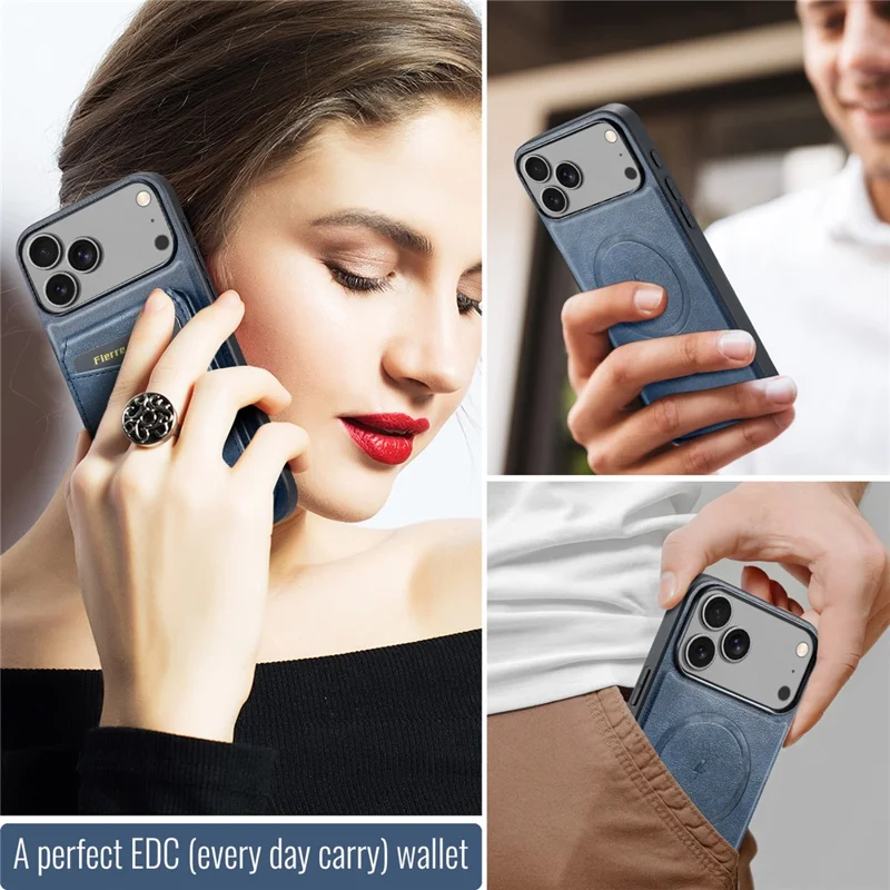 FIERRE SHANN 025 Style For iPhone 17 Pro Case Leather + TPU Detachable Card Slots Phone Cover - Blue