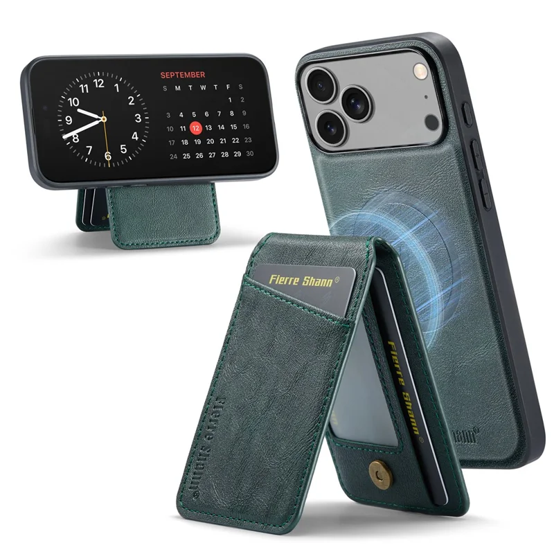 FIERRE SHANN 025 Style For iPhone 17 Pro Max Case Leather + TPU Detachable Card Slots Phone Cover - Green