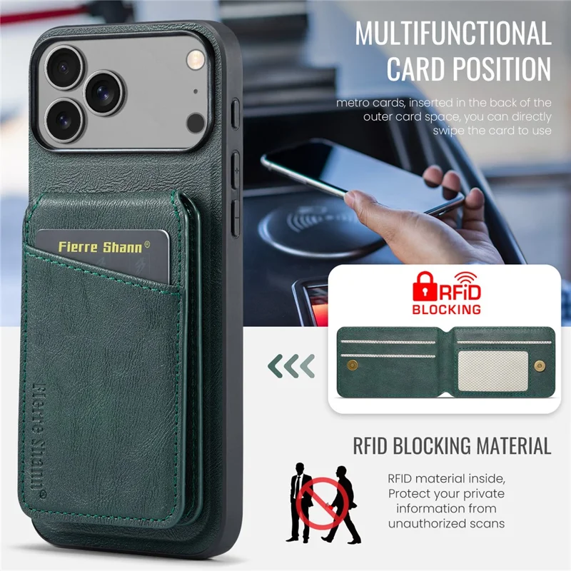 FIERRE SHANN 025 Style For iPhone 17 Pro Max Case Leather + TPU Detachable Card Slots Phone Cover - Green