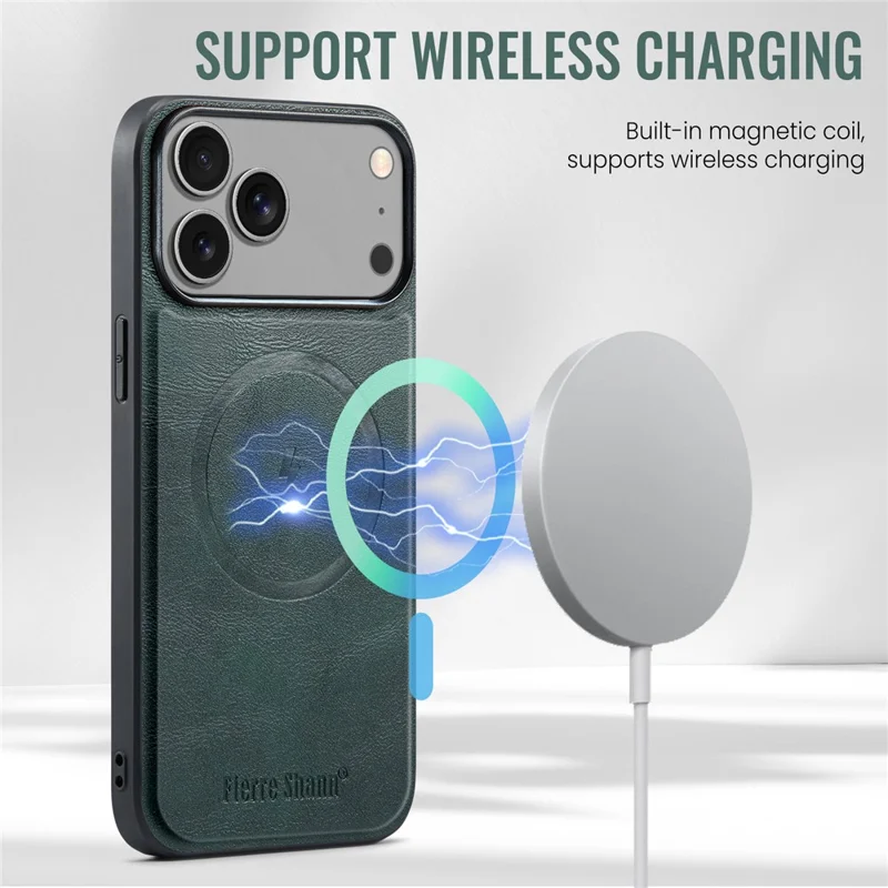 FIERRE SHANN 025 Style For iPhone 17 Pro Max Case Leather + TPU Detachable Card Slots Phone Cover - Green