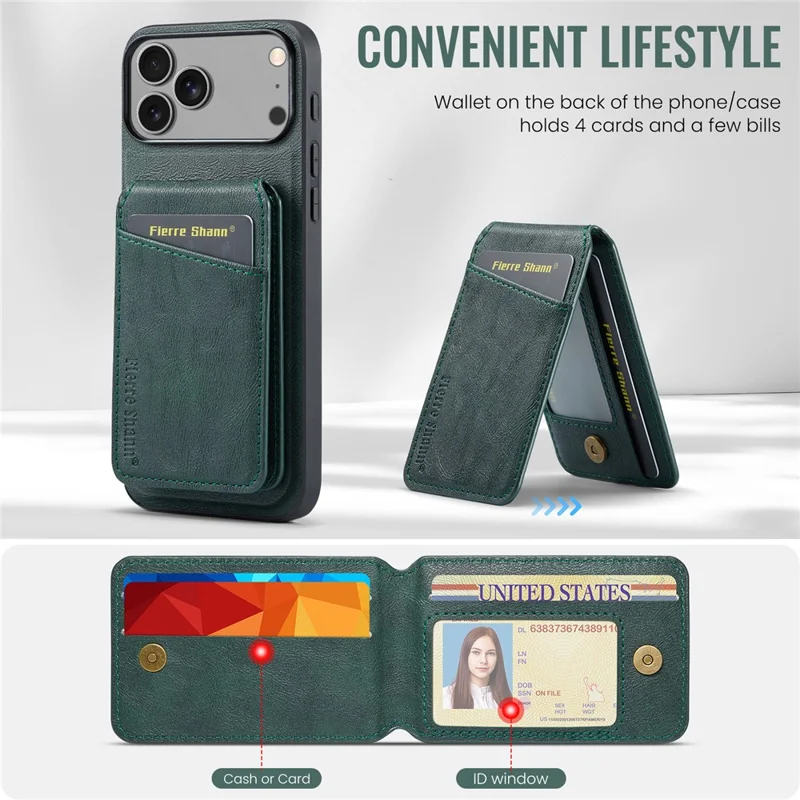 FIERRE SHANN 025 Style For iPhone 17 Pro Max Case Leather + TPU Detachable Card Slots Phone Cover - Green