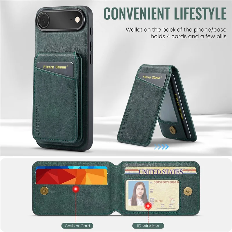FIERRE SHANN 025 Style For iPhone Air Case Leather + TPU Detachable Card Slots Phone Cover - Green