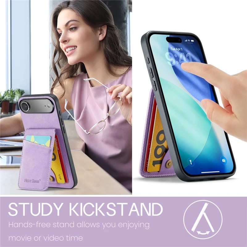 FIERRE SHANN 023 For iPhone Air Case Card Holder Kickstand Leather RFID Blocking Back Cover - Purple