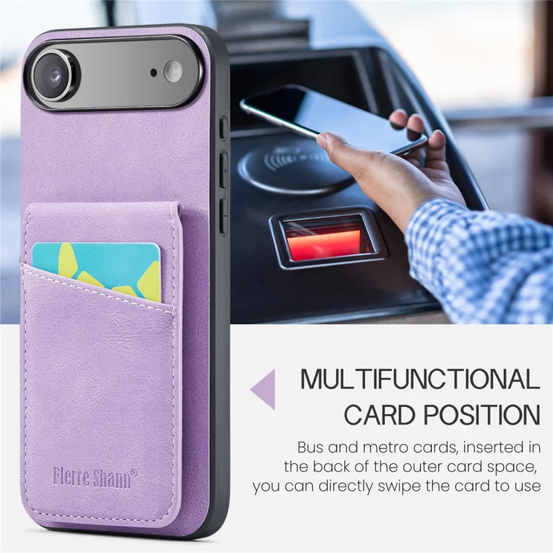 FIERRE SHANN 023 For iPhone Air Case Card Holder Kickstand Leather RFID Blocking Back Cover - Purple