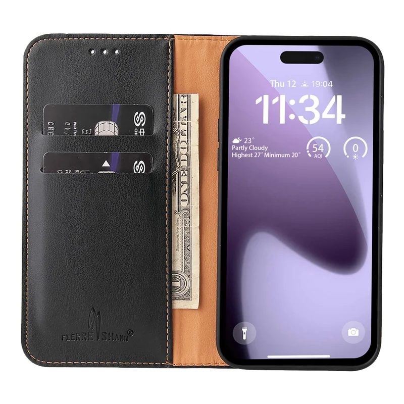 FIERRE SHANN For iPhone 17 Case PU Leather Flip Stand Wallet Phone Cover - Black