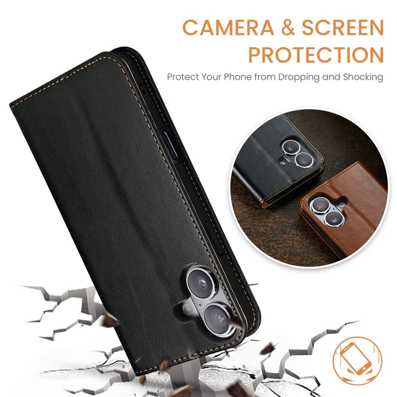 FIERRE SHANN For iPhone 17 Case PU Leather Flip Stand Wallet Phone Cover - Black