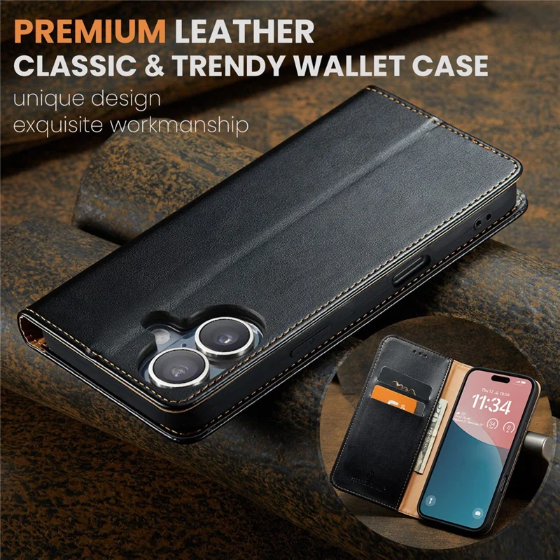 FIERRE SHANN For iPhone 17 Case PU Leather Flip Stand Wallet Phone Cover - Black