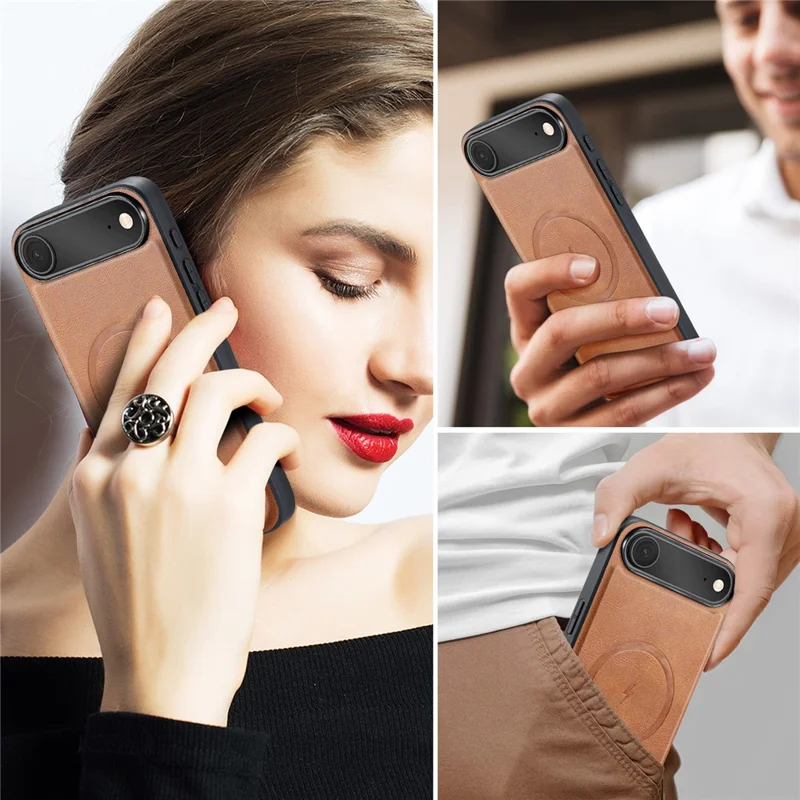 FIERRE SHANN 027 For iPhone Air Case Compatible with MagSafe Leather + TPU Phone Cover - Brown