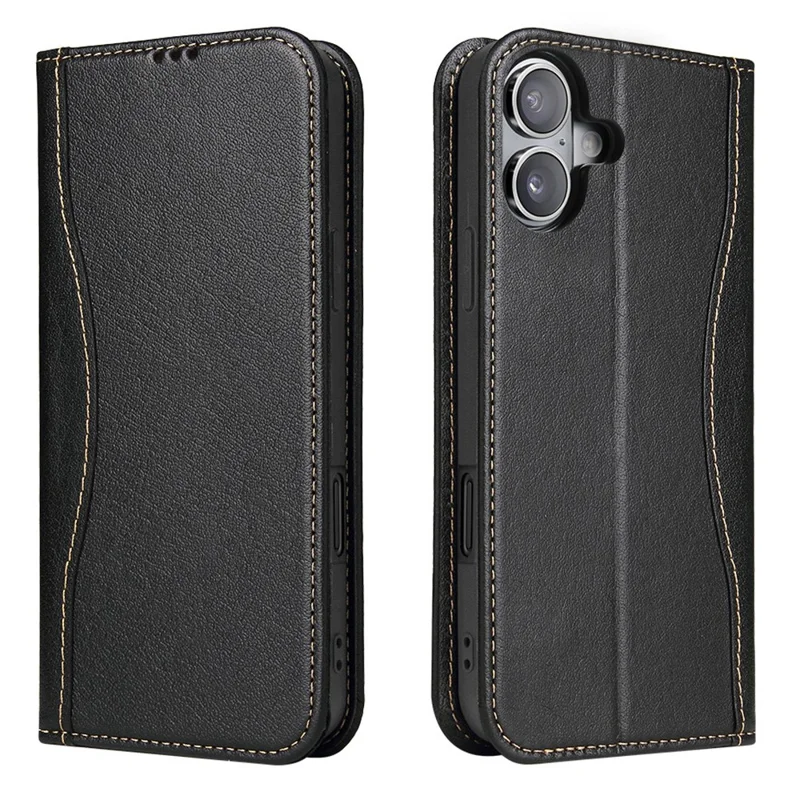FIERRE SHANN For iPhone 17 Case Wallet Stitching Craft Genuine Cow Leather Phone Cover - Black