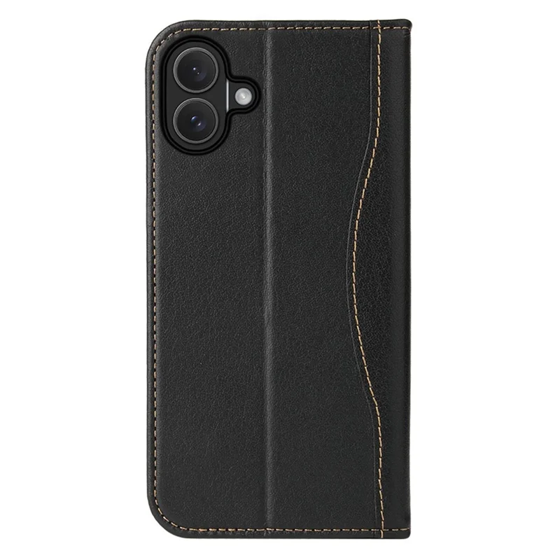FIERRE SHANN For iPhone 17 Case Wallet Stitching Craft Genuine Cow Leather Phone Cover - Black