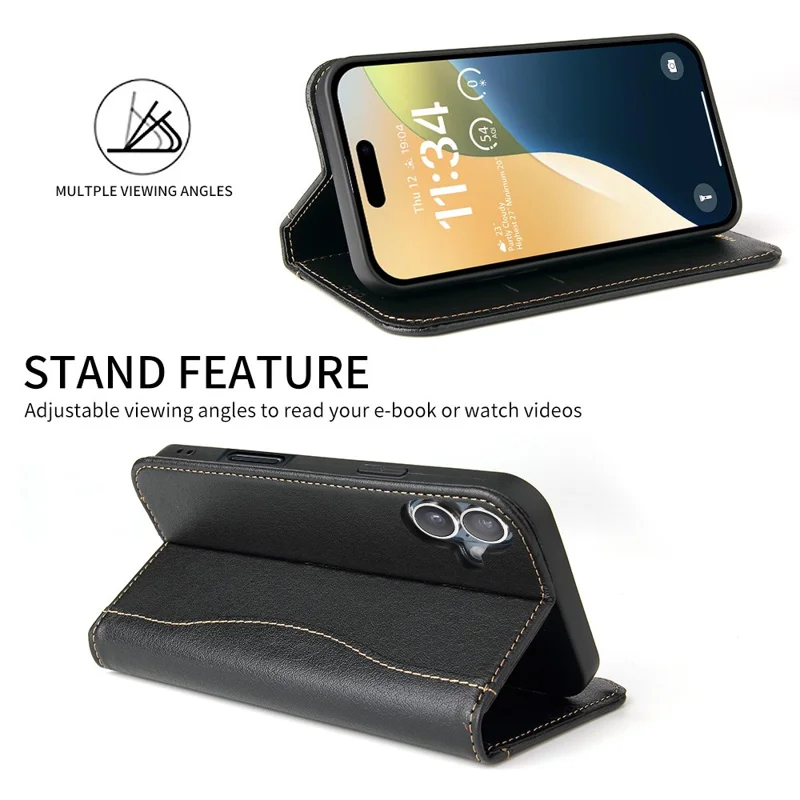 FIERRE SHANN For iPhone 17 Case Wallet Stitching Craft Genuine Cow Leather Phone Cover - Black