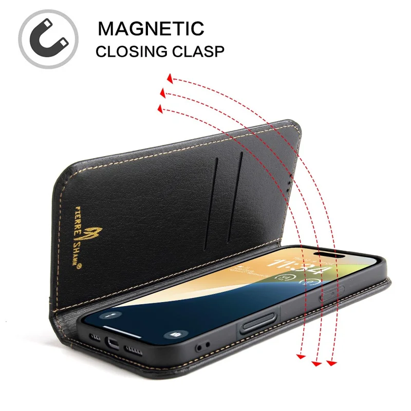 FIERRE SHANN For iPhone 17 Case Wallet Stitching Craft Genuine Cow Leather Phone Cover - Black