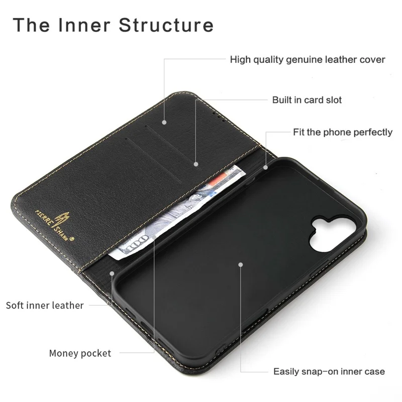 FIERRE SHANN For iPhone 17 Case Wallet Stitching Craft Genuine Cow Leather Phone Cover - Black