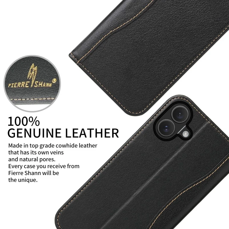 FIERRE SHANN For iPhone 17 Case Wallet Stitching Craft Genuine Cow Leather Phone Cover - Black