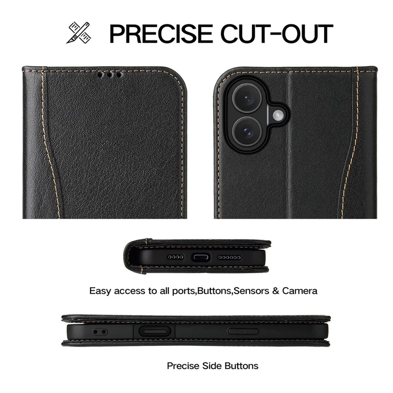 FIERRE SHANN For iPhone 17 Case Wallet Stitching Craft Genuine Cow Leather Phone Cover - Black