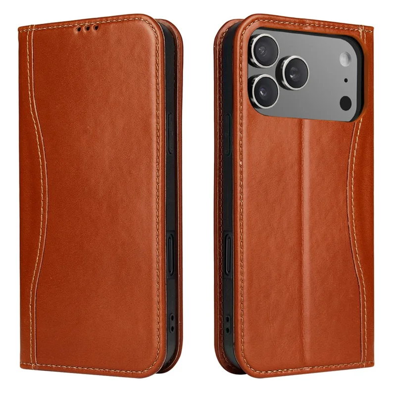 FIERRE SHANN For iPhone 17 Pro Case Wallet Stitching Craft Genuine Cow Leather Phone Cover - Brown