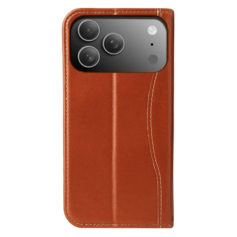 FIERRE SHANN For iPhone 17 Pro Case Wallet Stitching Craft Genuine Cow Leather Phone Cover - Brown