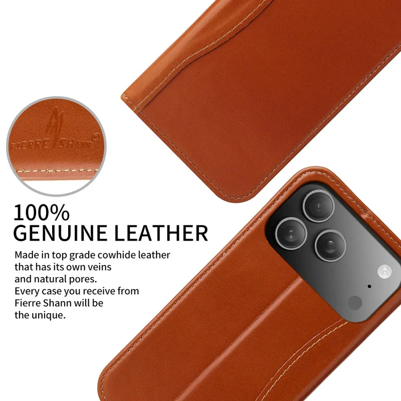 FIERRE SHANN For iPhone 17 Pro Case Wallet Stitching Craft Genuine Cow Leather Phone Cover - Brown