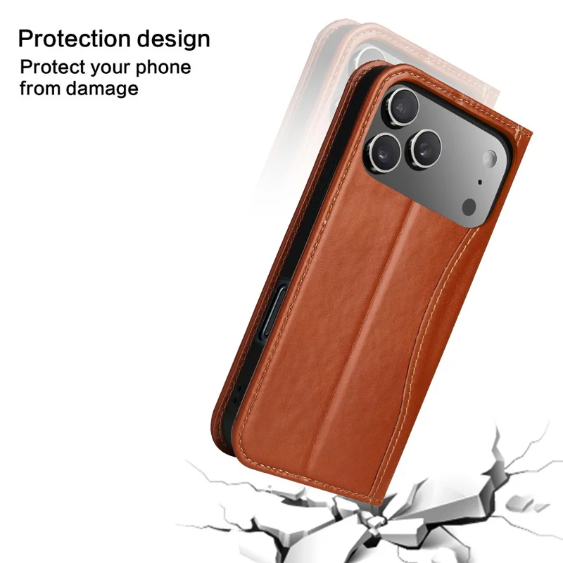 FIERRE SHANN For iPhone 17 Pro Case Wallet Stitching Craft Genuine Cow Leather Phone Cover - Brown