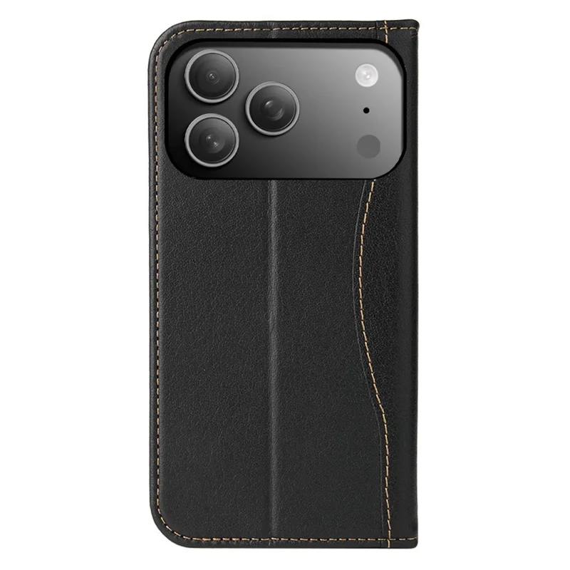 FIERRE SHANN For iPhone 17 Pro Max Case Wallet Stitching Craft Genuine Cow Leather Phone Cover - Black