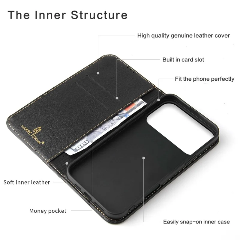 FIERRE SHANN For iPhone 17 Pro Max Case Wallet Stitching Craft Genuine Cow Leather Phone Cover - Black