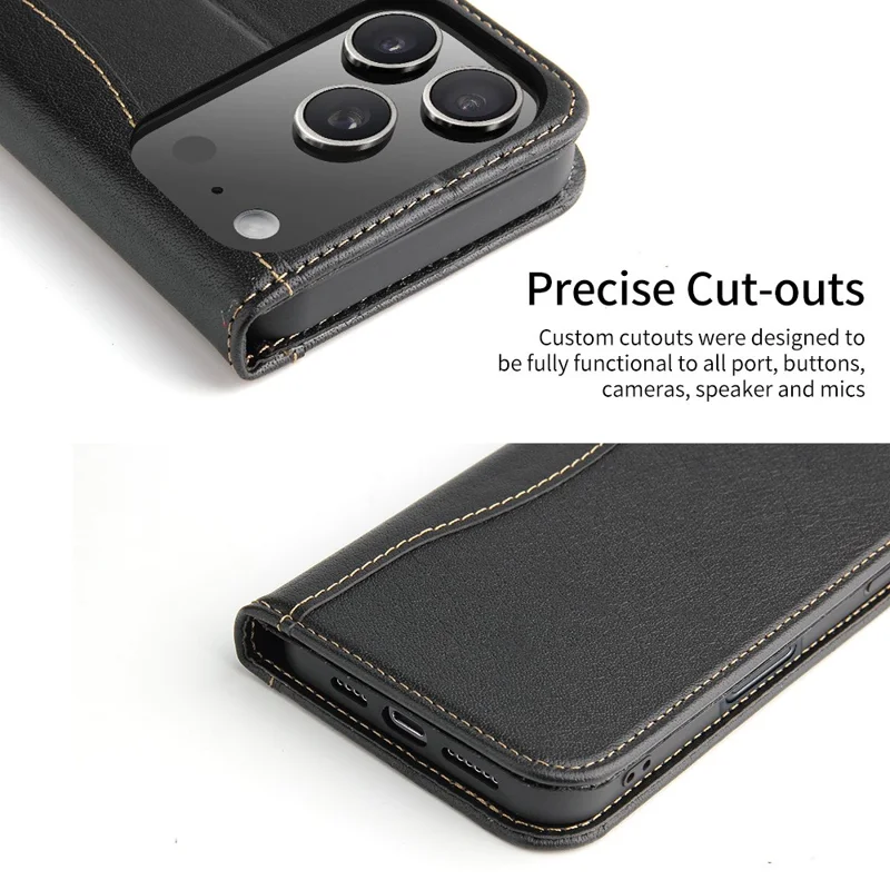 FIERRE SHANN For iPhone 17 Pro Max Case Wallet Stitching Craft Genuine Cow Leather Phone Cover - Black