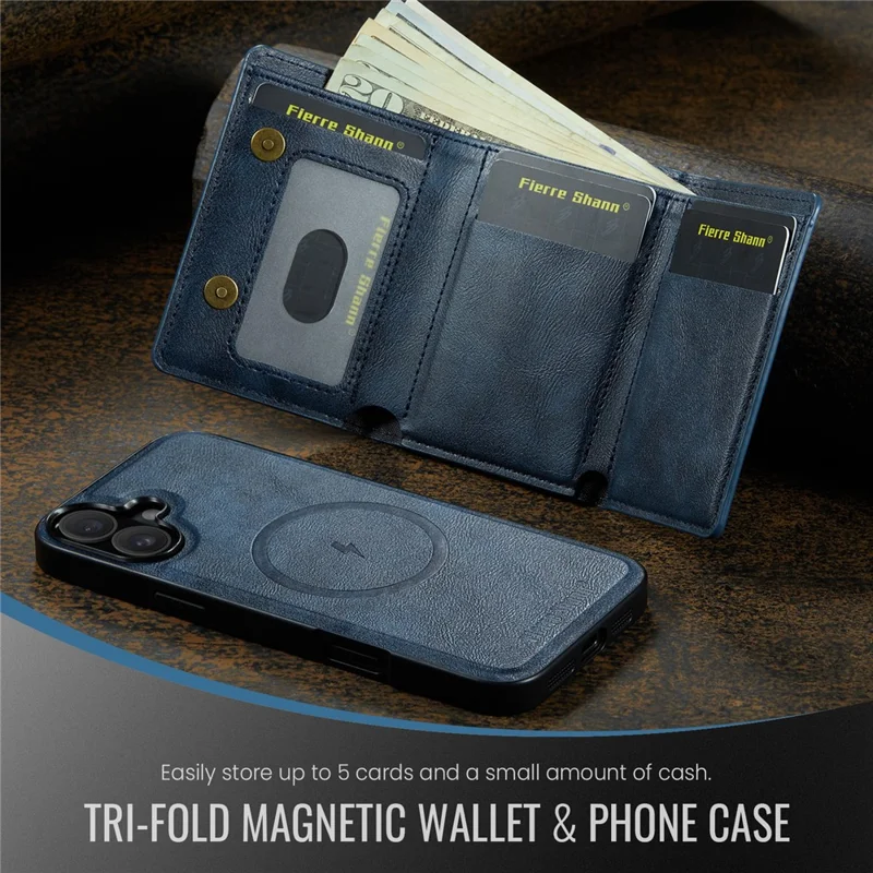 FIERRE SHANN FS030 For iPhone 17 Magnetic Case Tri-Fold Wallet Leather Back Cover with Card Holder - Blue