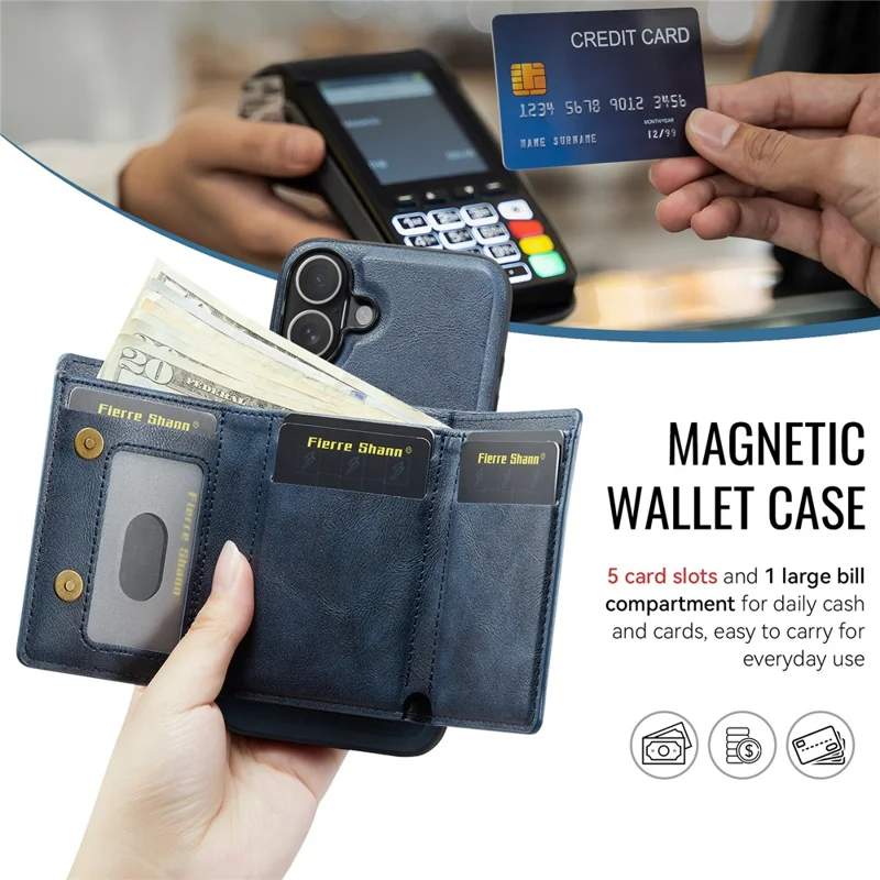FIERRE SHANN FS030 For iPhone 17 Magnetic Case Tri-Fold Wallet Leather Back Cover with Card Holder - Blue