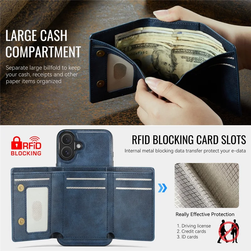 FIERRE SHANN FS030 For iPhone 17 Magnetic Case Tri-Fold Wallet Leather Back Cover with Card Holder - Blue