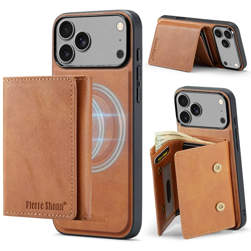 FIERRE SHANN FS030 For iPhone 17 Pro Magnetic Case Tri-Fold Wallet Leather Back Cover with Card Holder - Brown