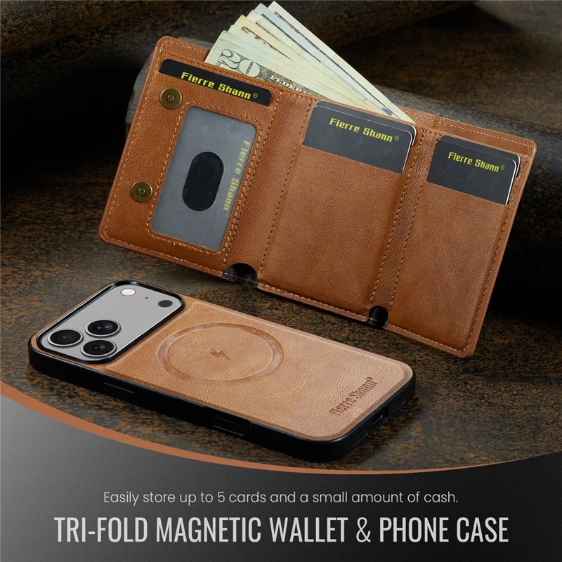 FIERRE SHANN FS030 For iPhone 17 Pro Magnetic Case Tri-Fold Wallet Leather Back Cover with Card Holder - Brown