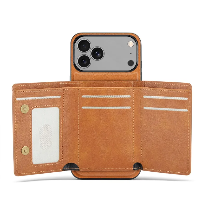 FIERRE SHANN FS030 For iPhone 17 Pro Magnetic Case Tri-Fold Wallet Leather Back Cover with Card Holder - Brown