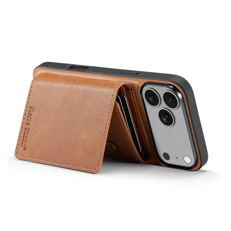 FIERRE SHANN FS030 For iPhone 17 Pro Magnetic Case Tri-Fold Wallet Leather Back Cover with Card Holder - Brown