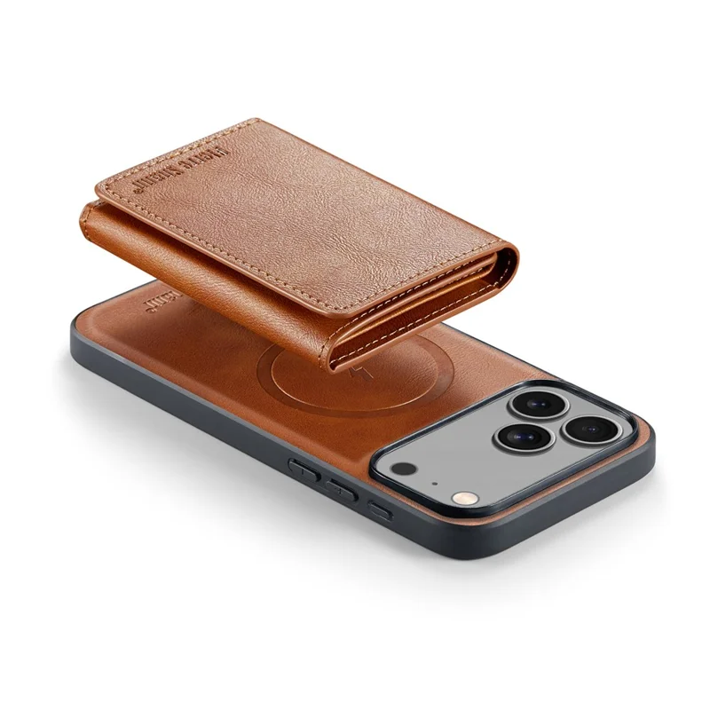 FIERRE SHANN FS030 For iPhone 17 Pro Magnetic Case Tri-Fold Wallet Leather Back Cover with Card Holder - Brown