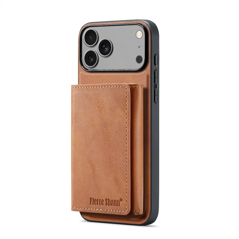 FIERRE SHANN FS030 For iPhone 17 Pro Magnetic Case Tri-Fold Wallet Leather Back Cover with Card Holder - Brown