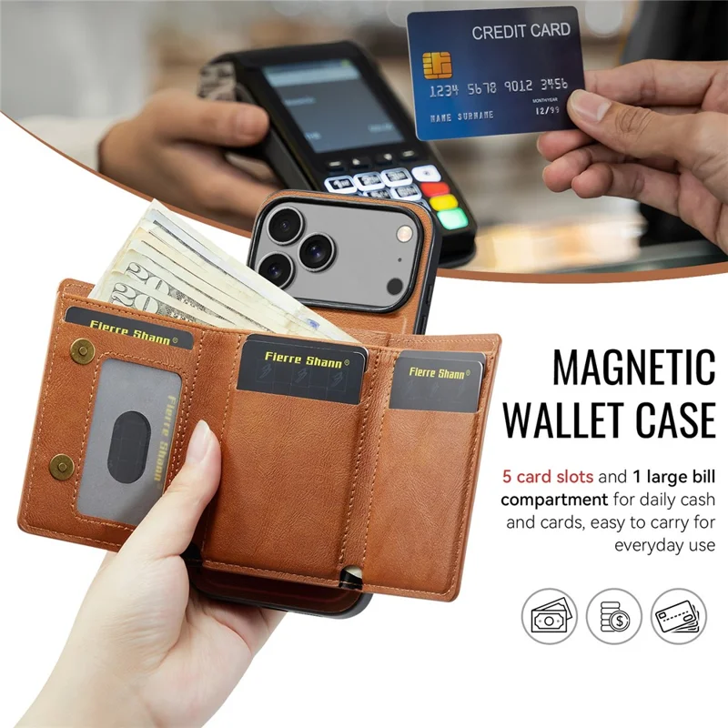 FIERRE SHANN FS030 For iPhone 17 Pro Magnetic Case Tri-Fold Wallet Leather Back Cover with Card Holder - Brown