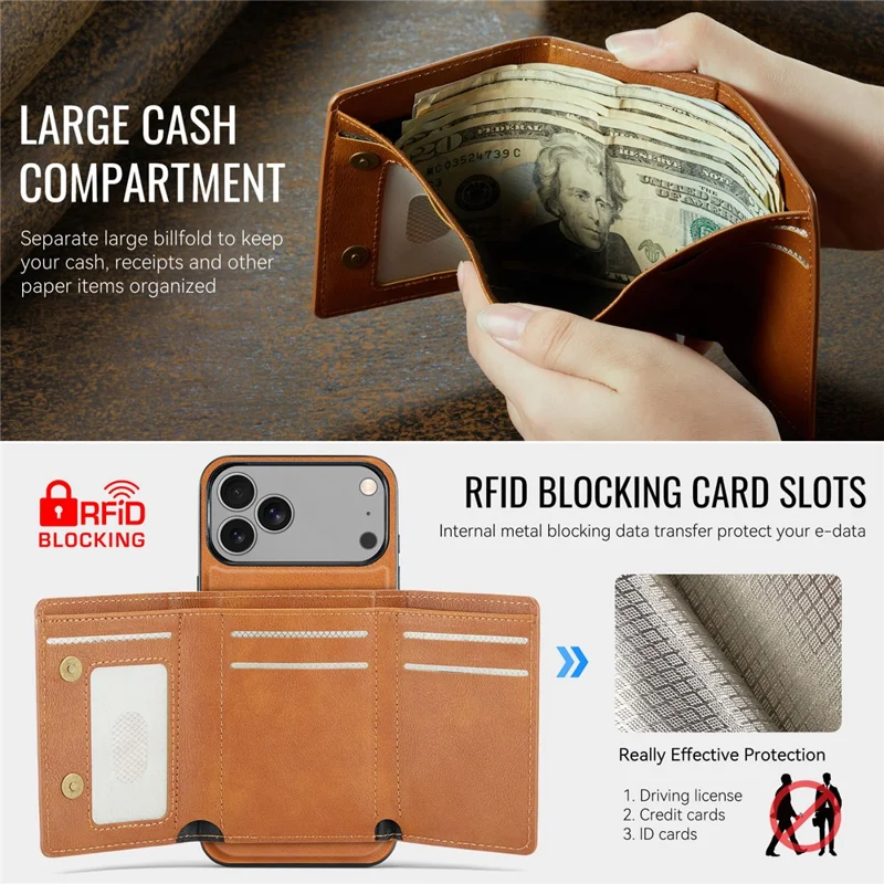 FIERRE SHANN FS030 For iPhone 17 Pro Magnetic Case Tri-Fold Wallet Leather Back Cover with Card Holder - Brown