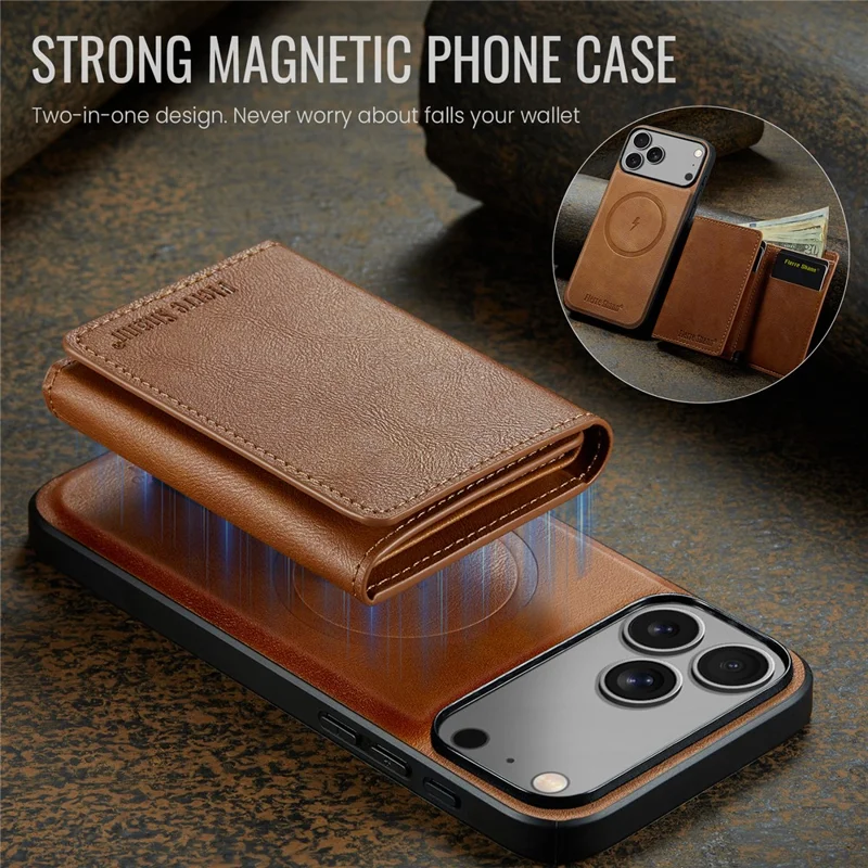 FIERRE SHANN FS030 For iPhone 17 Pro Magnetic Case Tri-Fold Wallet Leather Back Cover with Card Holder - Brown