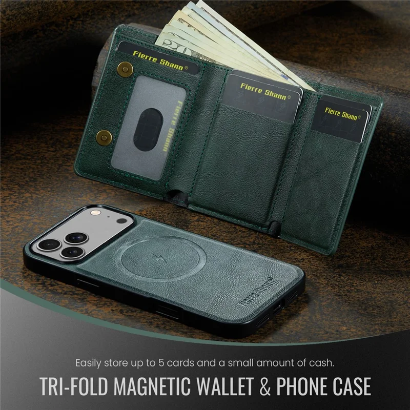 FIERRE SHANN FS030 til iPhone 17 Pro Max magnetisk hylster med tri-fold wallet, læderlukning med kortplads - Grøn