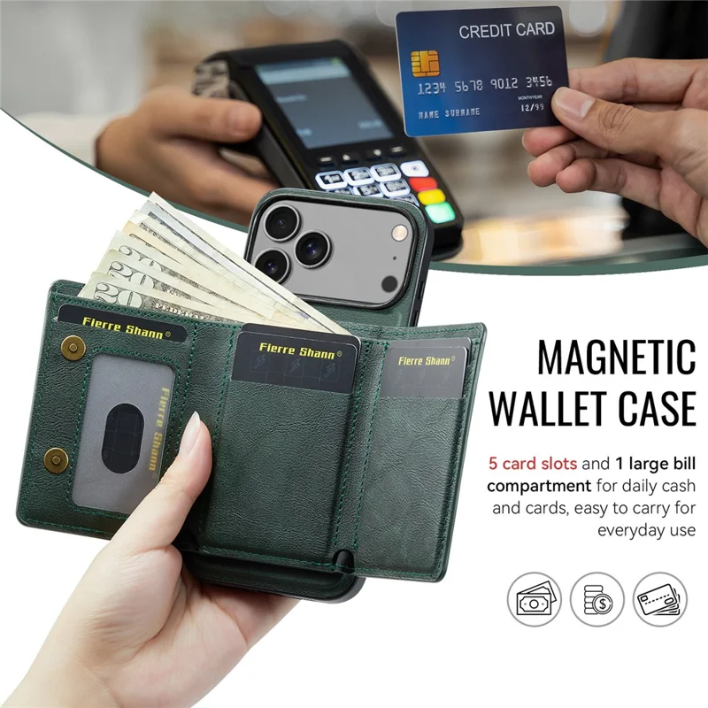 FIERRE SHANN FS030 til iPhone 17 Pro Max magnetisk hylster med tri-fold wallet, læderlukning med kortplads - Grøn