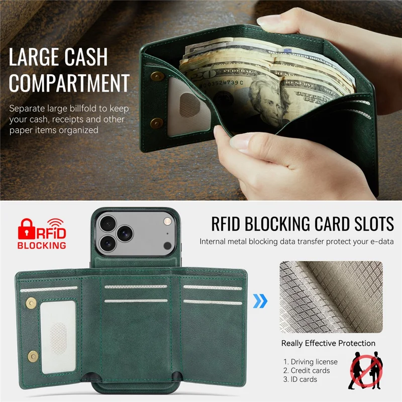 FIERRE SHANN FS030 til iPhone 17 Pro Max magnetisk hylster med tri-fold wallet, læderlukning med kortplads - Grøn