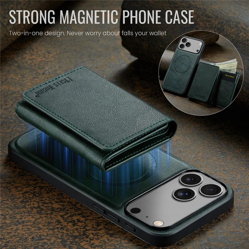 FIERRE SHANN FS030 til iPhone 17 Pro Max magnetisk hylster med tri-fold wallet, læderlukning med kortplads - Grøn